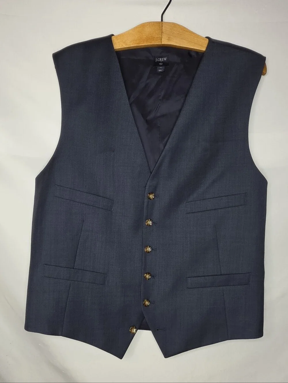 J.Crew Men's XL Suit Vest Navy Blue 100% Wool Waistcoat 6-Button Adjustable Back